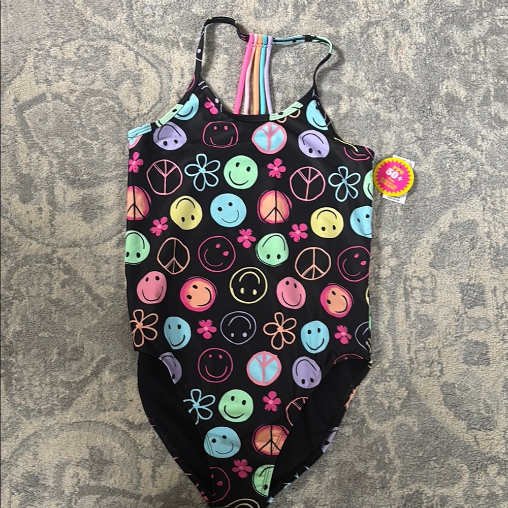 The Children's Place Black and Pink One Piece Swimsuit with Peace Sign Pattern
